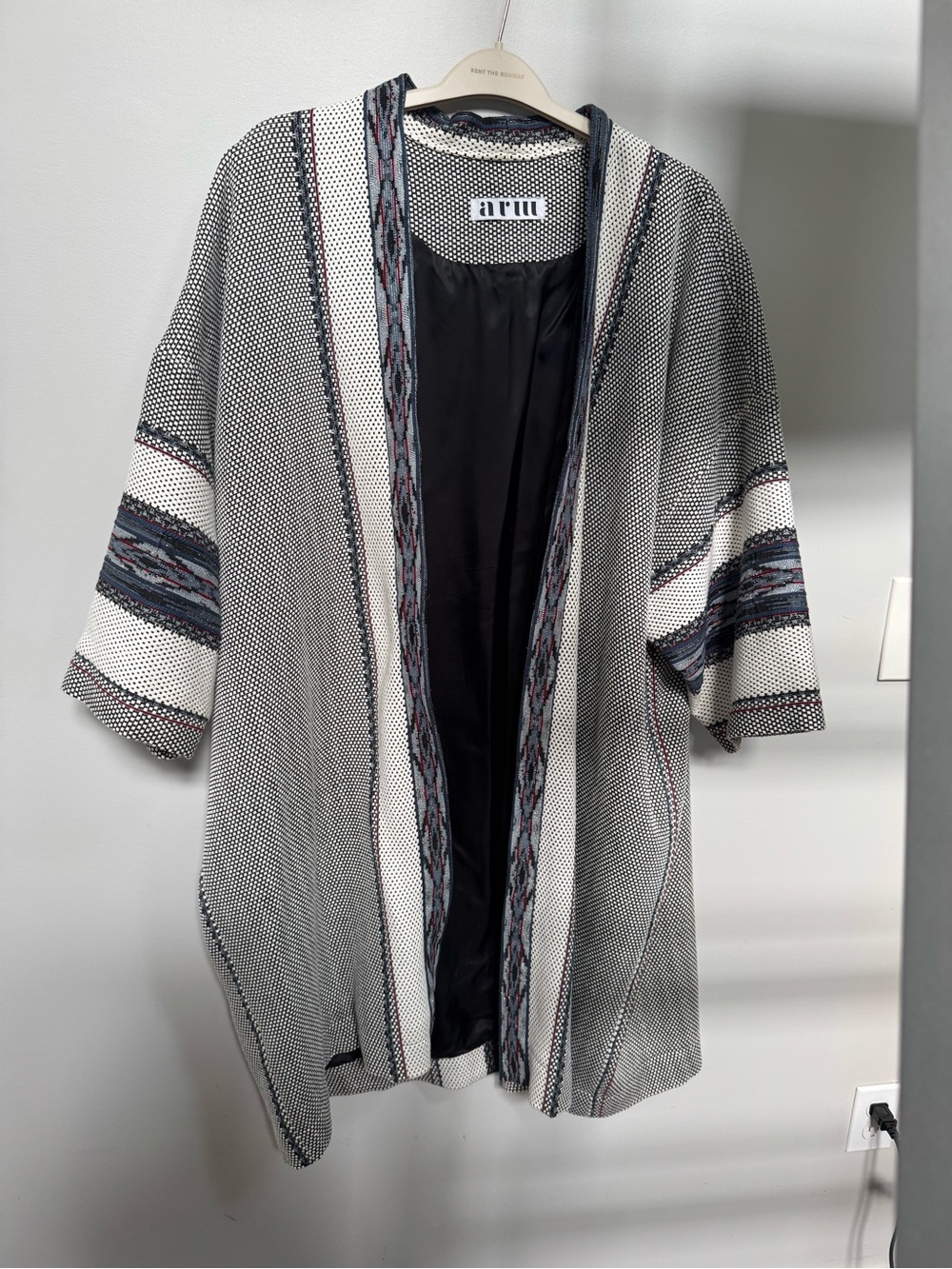 Women's Cream and Blue Open-Front Oversized Kimono will fit extended sizes